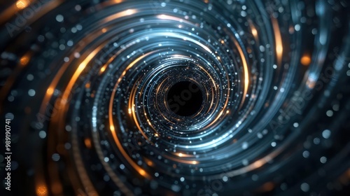 A black hole at the center of a cosmic spiral, pulling in stars and light in an endless dance, infinity, cosmic vortex