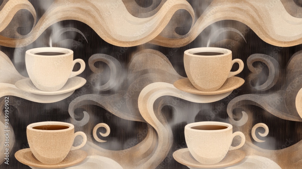 A cozy pattern featuring steaming coffee cups and swirling smoke, perfect for cafe-themed decor and branding. A cozy pattern featuring steaming coffee cups and swirling smoke, perfect for cafe-themed decor and branding.