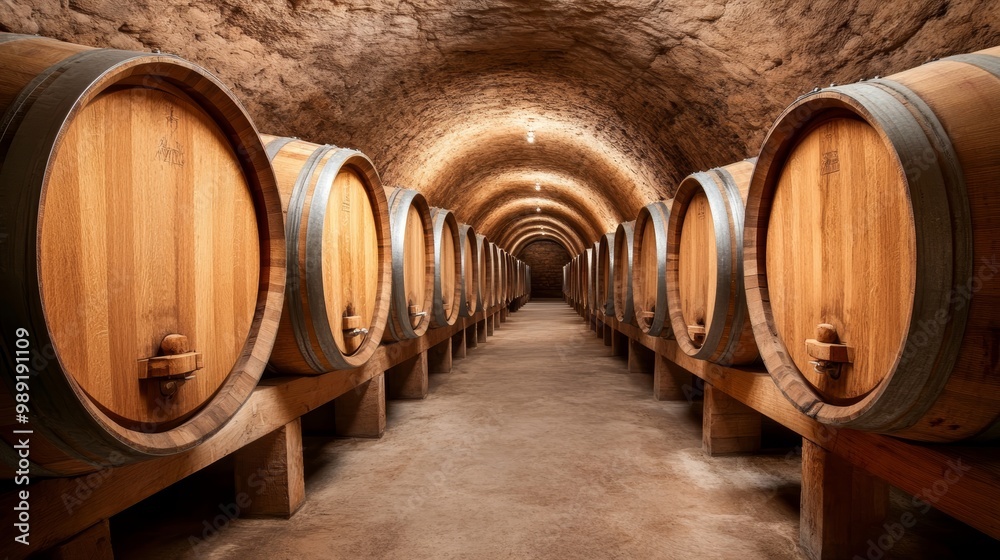 A serene wine cellar showcasing rows of oak barrels in a rustic setting, ideal for wine enthusiasts and connoisseurs. A serene wine cellar showcasing rows of oak barrels in a rustic setting, ideal for wine enthusiasts and connoisseurs.
