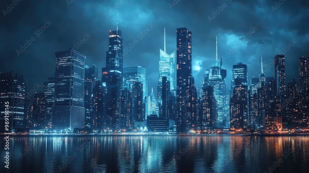 Fototapeta premium a city skyline at night, with towering buildings illuminated against the dark sky, creating a glowing urban landscape