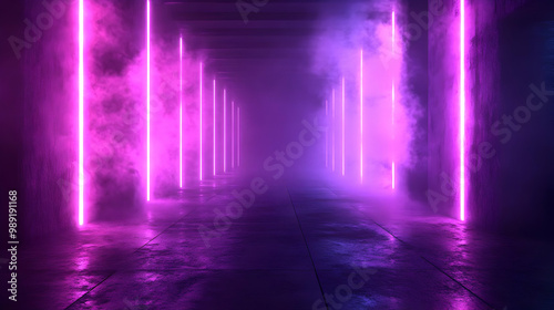 Purple Neon Lights in a Dark Corridor 3D Illustration