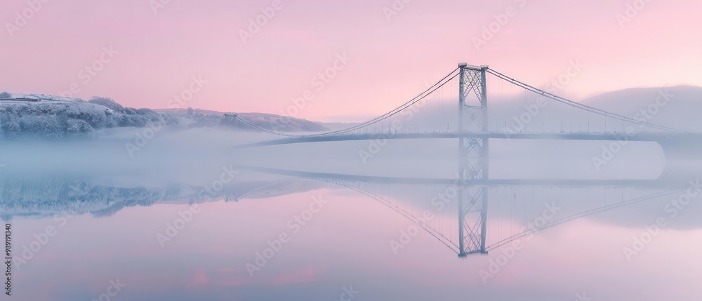 Obraz premium A bridge disappearing into infinity over a mist-covered lake, surrounded by soft pink skies, infinity, surreal landscape