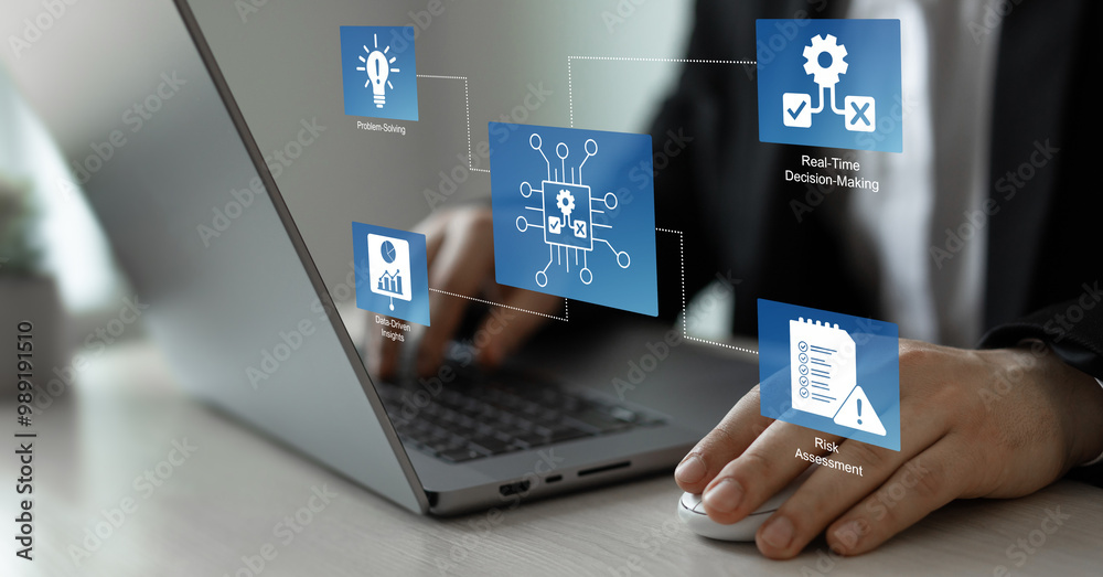 Fototapeta premium Engineer using laptop for optimization software AI bot with a Comprehensive Guide.Leveraging Artificial Intelligence in Decision Making. 
