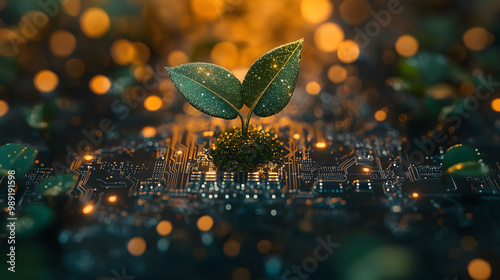 Green technology concept with a plant growing on a circuit board, a sustainable tech environment background, a banner for eco-friendly software development and digital innovation in the green energy i