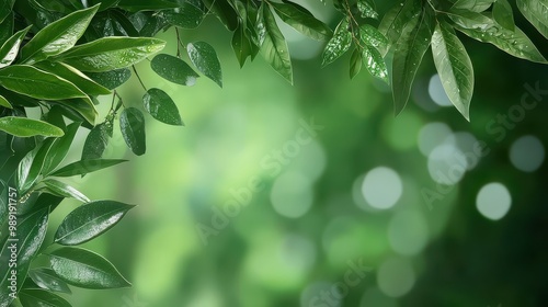 A leafy green background with a blurry edge. The leaves are wet and the background is green