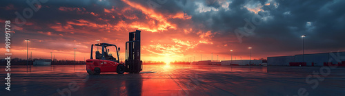 Industrial Serenity at Sunset: The image captures a red forklift parked on a vast concrete surface, likely a loading dock or industrial area.