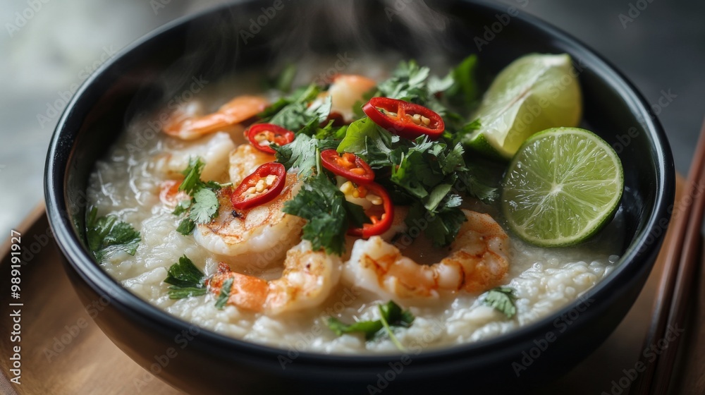 A steaming bowl of seafood rice porridge garnished with fresh herbs, sliced chilies, and a squeeze of lime, served with chopsticks, inviting diners to enjoy a comforting meal. A steaming bowl of seafood rice porridge garnished with fresh herbs, sliced chilies, and a squeeze of lime, served with chopsticks, inviting diners to enjoy a comforting meal.