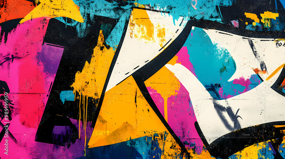 Fototapeta premium Colorful graffiti wall with abstract shapes, layered textures, and expressive strokes, capturing the essence of pop art in an artistic background. Graffiti Pop. Illustration