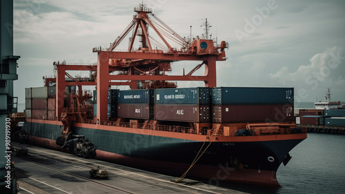 A large cargo ship is docked at a port