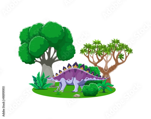 Dravidosaurus prehistoric dinosaur character. Isolated cartoon vector dino reptile with spinal plates and tail spikes wandering in tropical forest landscape with trees, bushes, ferns and green grass