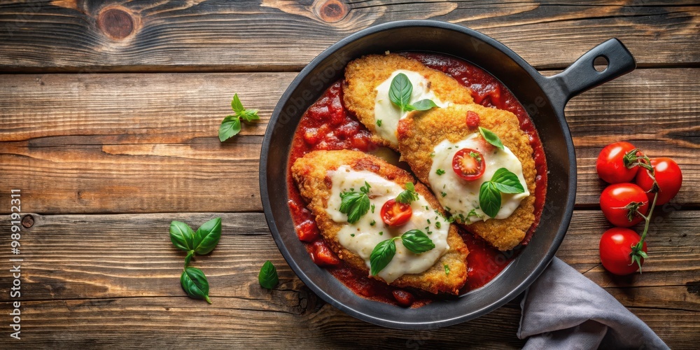 Top view of frying pan chicken parmigiano with crispy breaded chicken topped with marinara sauce and melted cheese, on a rustic wooden table with copy space Top view of frying pan chicken parmigiano with crispy breaded chicken topped with marinara sauce and melted cheese, on a rustic wooden table with copy space