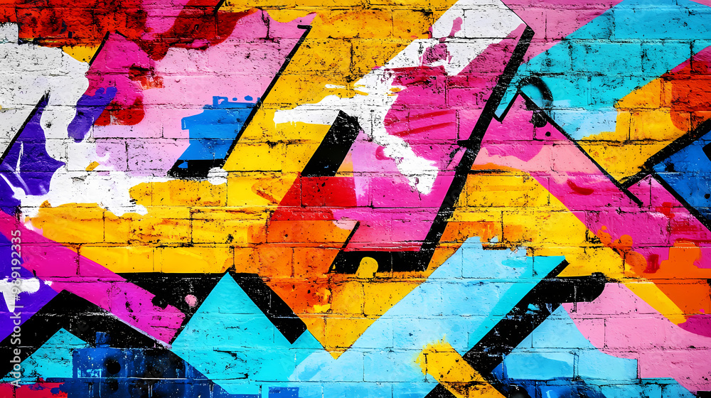 Obraz premium Colorful graffiti wall with abstract shapes, layered textures, and expressive strokes, capturing the essence of pop art in an artistic background. Graffiti Pop. Illustration