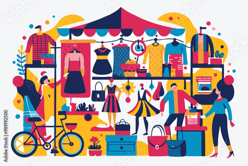 Colorful Outdoor Market Scene with Shoppers and Stalls