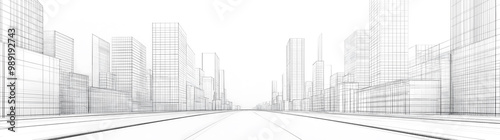 White background, city street perspective, buildings in the distance, wireframe drawing, city center with modern architecture buildings on both sides of urban streets, horizontal composition, 