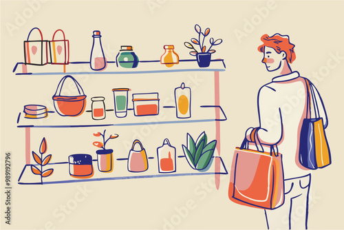 Sustainable Grocery Shopping: Eco-Friendly Consumer with Reusable Bags Selecting Organic Products