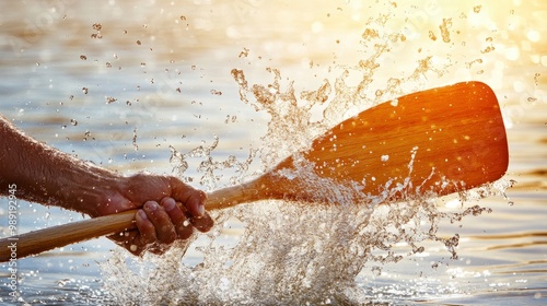 Close-up of a manâ€™s hand gripping a rowing paddle, water splashing, sunlight reflecting off the lake photo