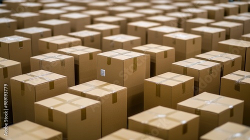 Endless Row of Cardboard Boxes in a Warehouse