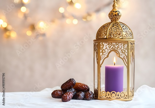 Moroccan Lantern with Candle and Dates photo