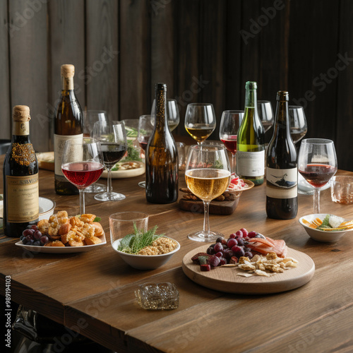 A table with a variety of food and drinks, including wine and beer