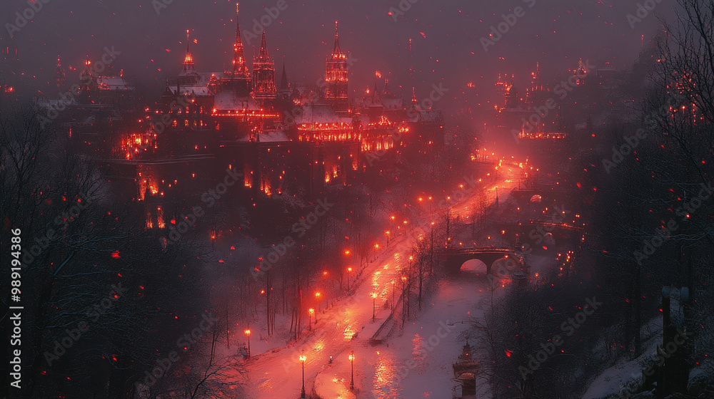 The Kremlin stands majestically in the fog, its warm lights reflecting on the nearby river, creating a serene winter atmosphere at dusk