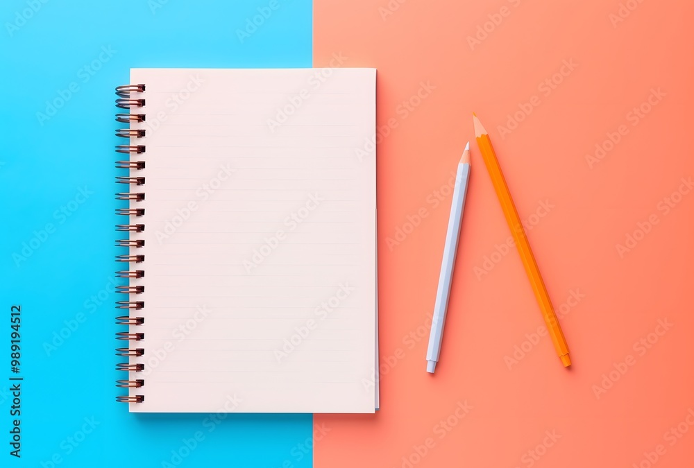 Pastel Blue and Pink Notebook with Pencils on Orange Background Pastel Blue and Pink Notebook with Pencils on Orange Background
