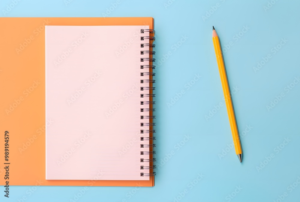 Pastel Blue and Pink Notebook with Pencil on Orange Background Pastel Blue and Pink Notebook with Pencil on Orange Background