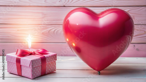 Valentine's Day celebration setup featuring a heart-shaped balloon and a gift box with a ribbon