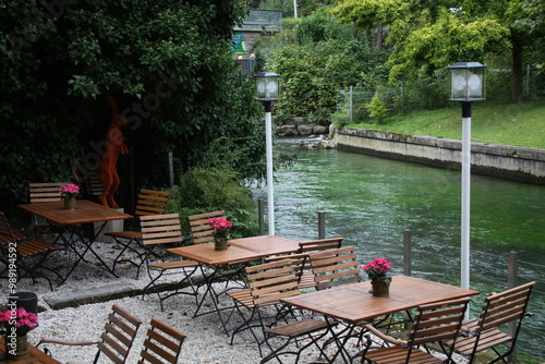 paderborn, nrw, germany, outdoor area of ​​a bistro muehlencafe´ on the river pader photo