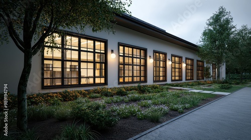 A large building with a lot of windows and a green lawn. The building is white and has a modern design