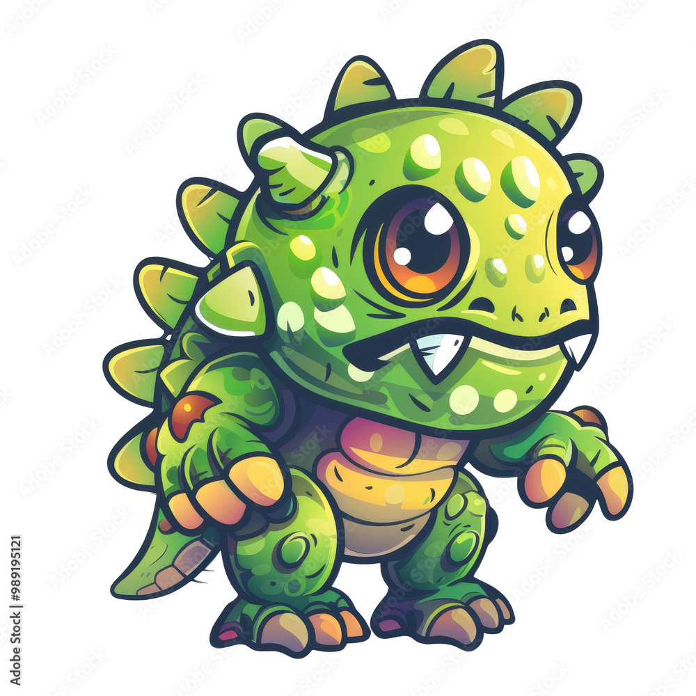A cartoon green monster with large eyes, sharp teeth, and spikes on its back. A cartoon green monster with large eyes, sharp teeth, and spikes on its back.