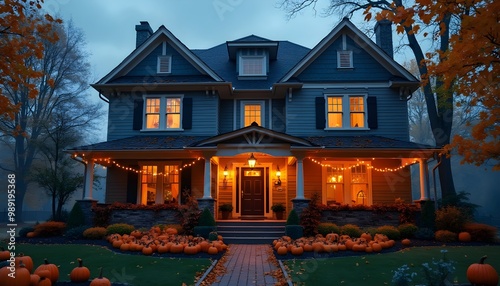 A quaint house decorated with glowing pumpkin lanterns, surrounded by fall foliage and against the backdrop of the evening sky, creating a festive Halloween atmosphere. photo