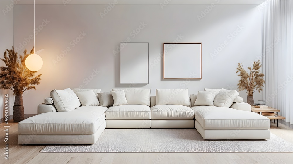 Cozy and Inviting Modern Living Room with a Large Comfortable Sectional Sofa and Minimalist Stylish Decor  The Bright and Airy Space Features Abundant Natural Illumination