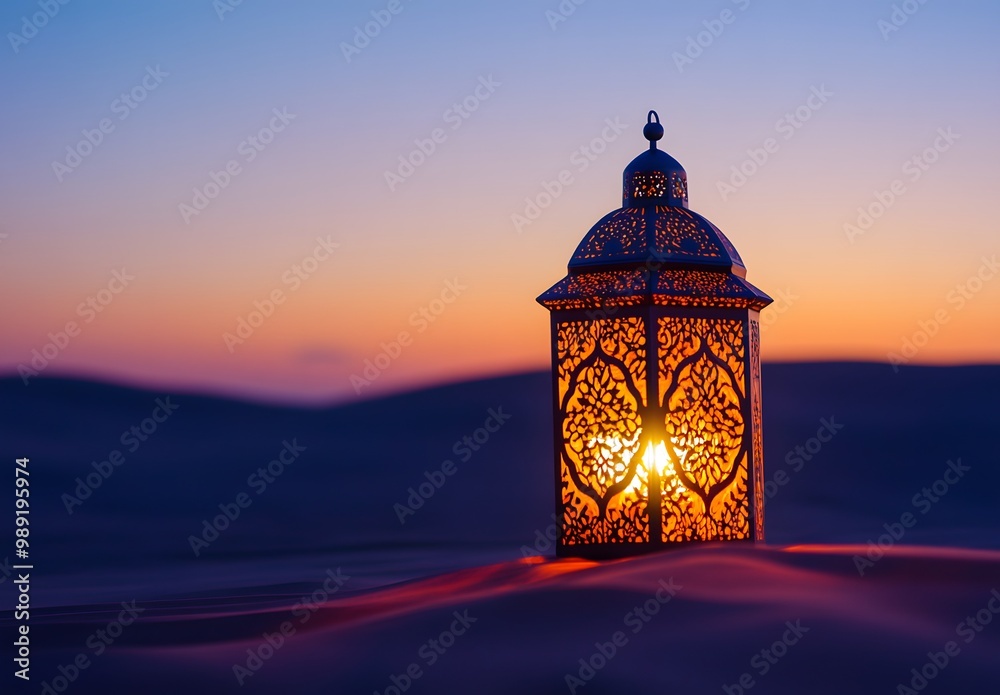 Intricate Ramadan Lantern Glowing in Desert Dusk Intricate Ramadan Lantern Glowing in Desert Dusk