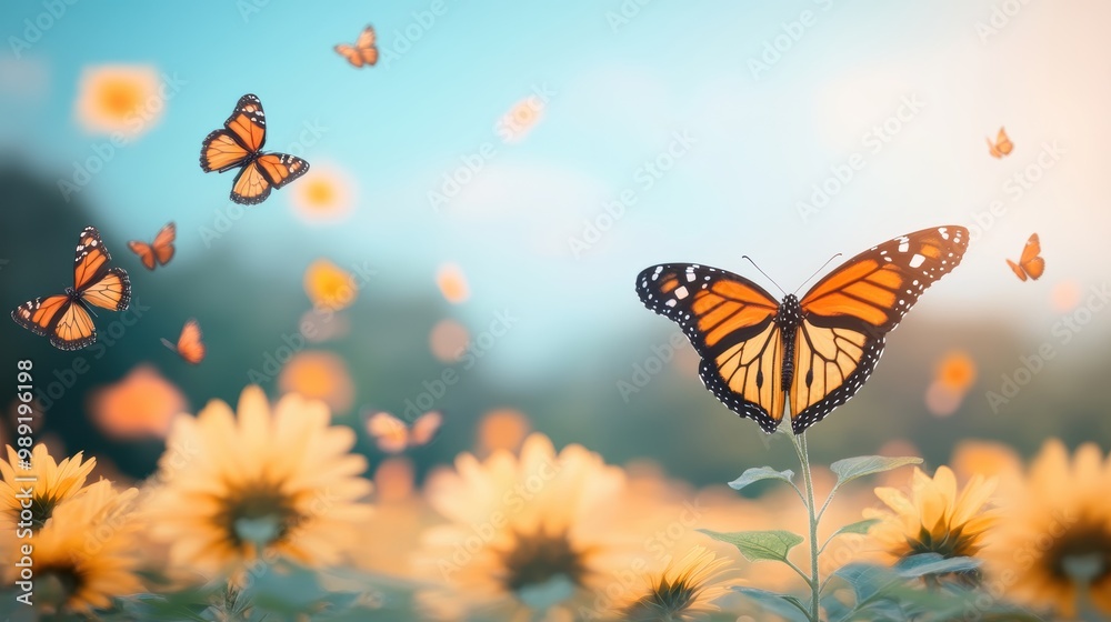 A lone monarch butterfly perched on a sunflower, with a field of vibrant flowers and a blurred background of other butterflies in motion. A lone monarch butterfly perched on a sunflower, with a field of vibrant flowers and a blurred background of other butterflies in motion.