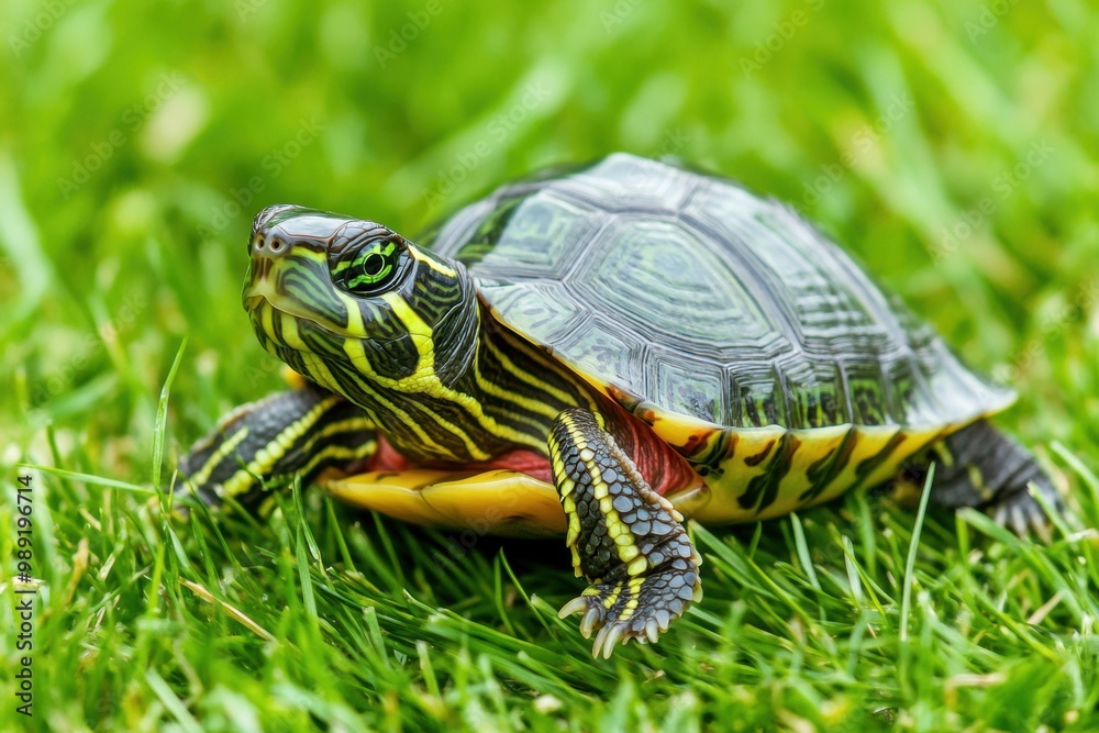 Vibrant turtle in lush green grass basking in sunlight Vibrant turtle in lush green grass basking in sunlight