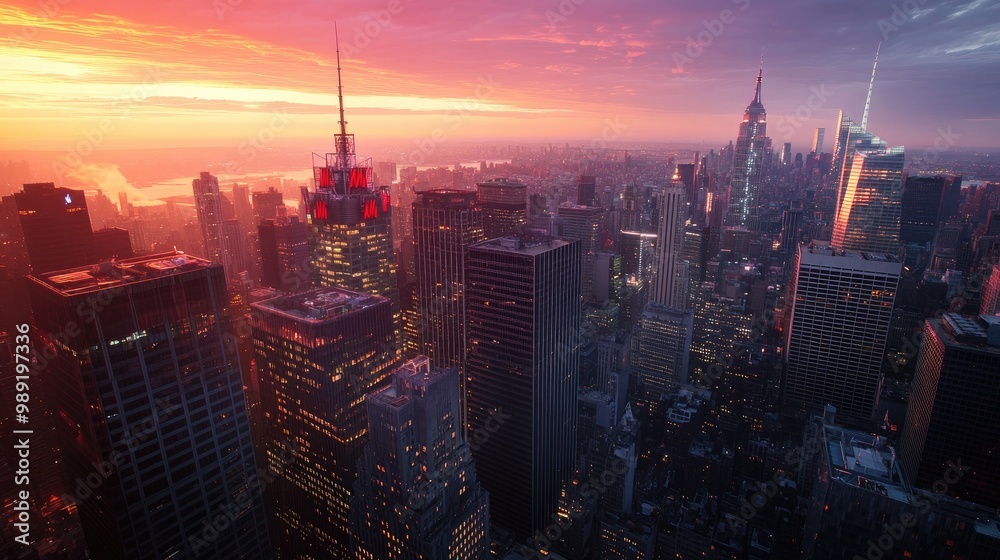Fototapeta premium cityscape featuring towering skyscrapers, with no people in sight, under a vibrant sunset sky