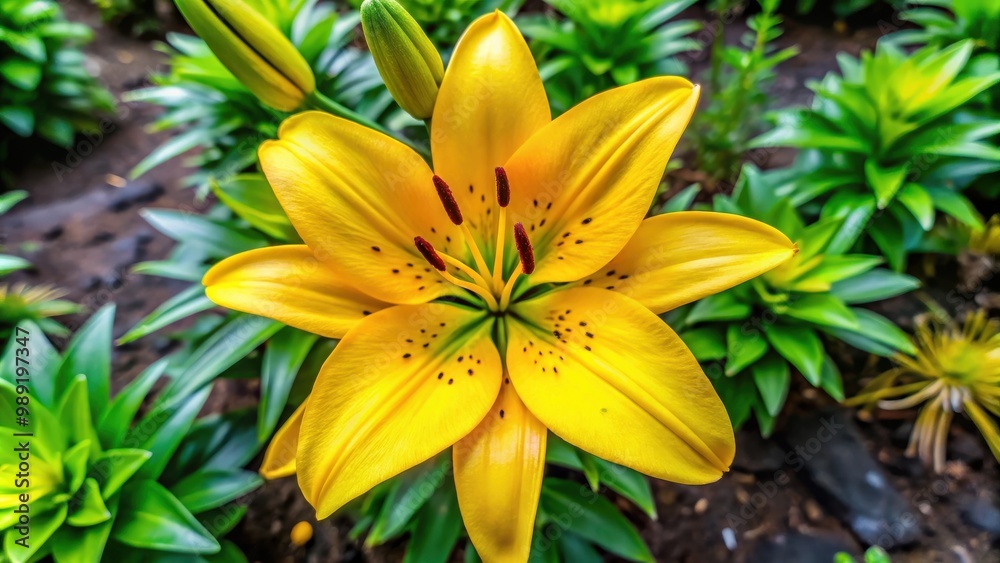 Top view of vibrant yellow garden lilies with green leaves in a garden Top view of vibrant yellow garden lilies with green leaves in a garden