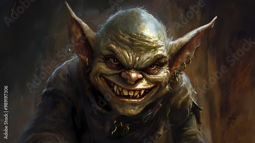 Evil smiling goblin in a fantasy story. Goblin. Illustration