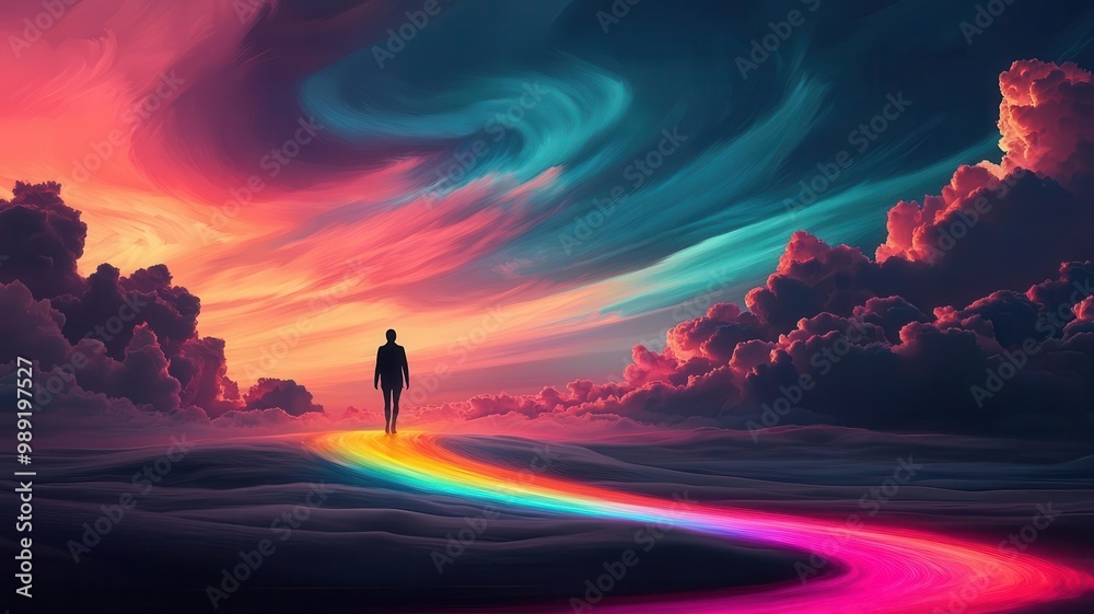 Fototapeta premium A surreal landscape featuring a person walking on a colorful rainbow path under vibrant clouds and a dreamlike sky.