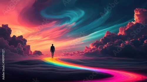 A surreal landscape featuring a person walking on a colorful rainbow path under vibrant clouds and a dreamlike sky.