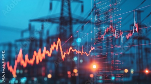 financial graphs with electrical infrastructure in the background	