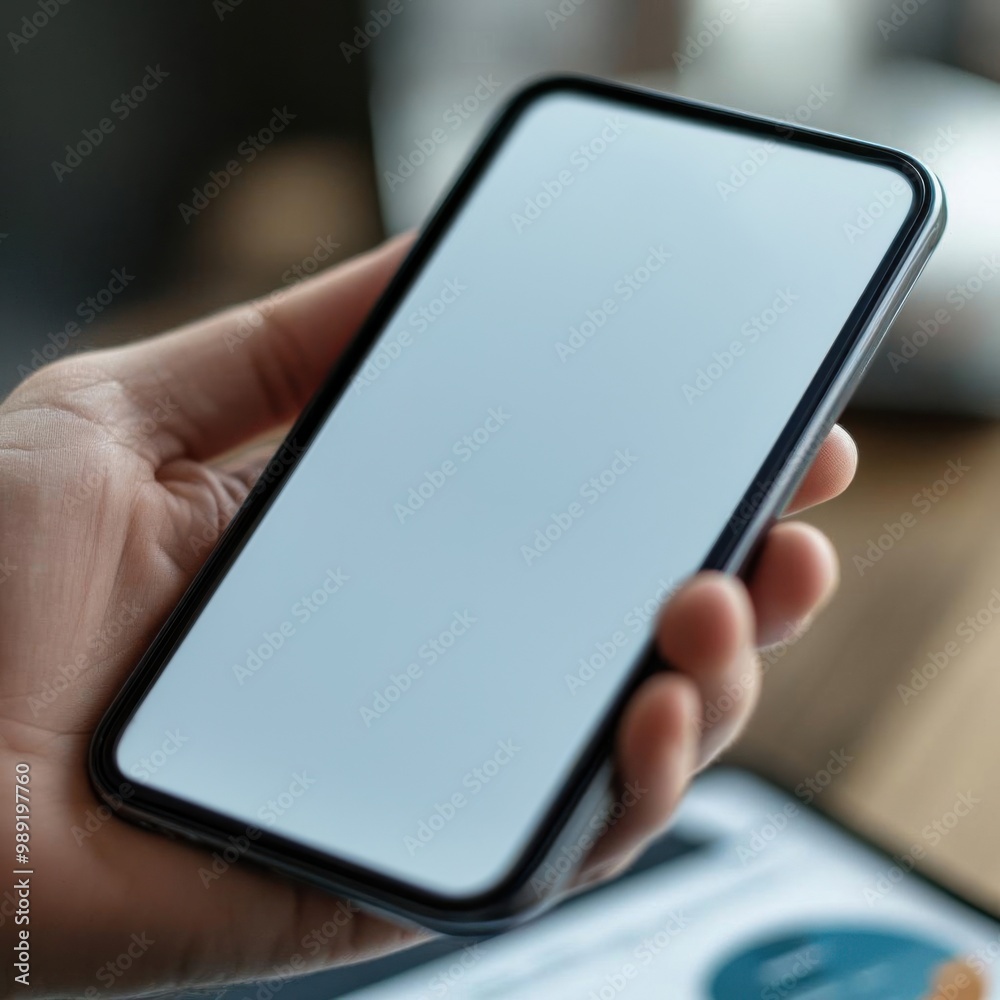 Hand holding a smartphone with blank screen, white isolate background