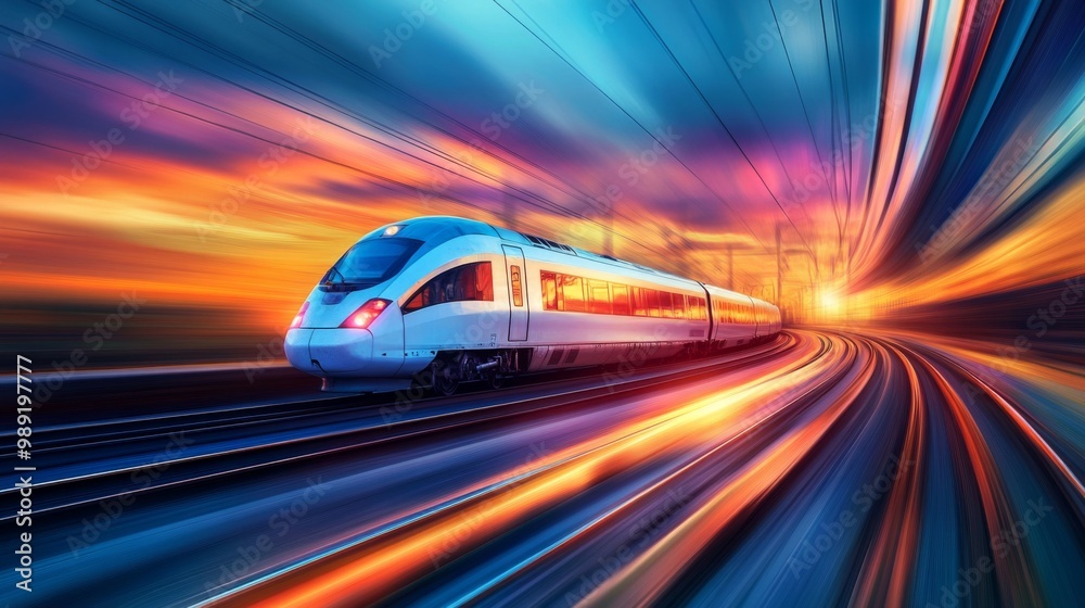 A train speeding along the tracks at sunset, with vibrant colors in the sky reflecting off the sleek metal of the train, capturing the thrill of travel. A train speeding along the tracks at sunset, with vibrant colors in the sky reflecting off the sleek metal of the train, capturing the thrill of travel.