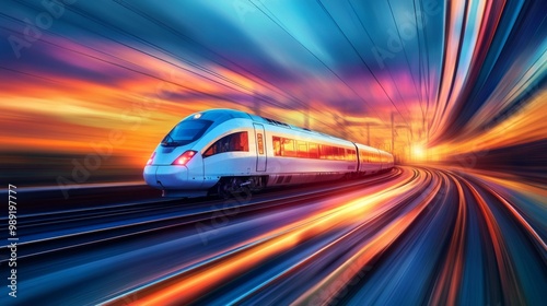 A train speeding along the tracks at sunset, with vibrant colors in the sky reflecting off the sleek metal of the train, capturing the thrill of travel.