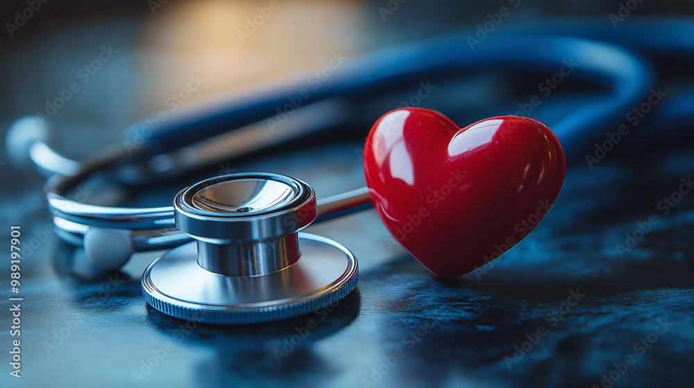 A heart-shaped red button on top of a blue stethoscope, symbolizing medical care and love. The image is minimalistic, with plenty of copy space A heart-shaped red button on top of a blue stethoscope, symbolizing medical care and love. The image is minimalistic, with plenty of copy space