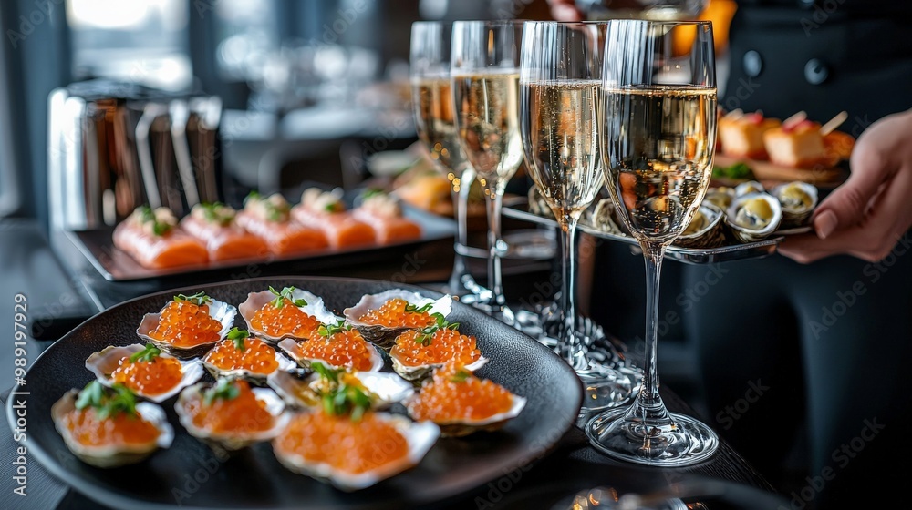 A luxurious buffet with a caviar station, smoked salmon, oysters, and champagne, elegantly presented with silver platters and crystal glasses A luxurious buffet with a caviar station, smoked salmon, oysters, and champagne, elegantly presented with silver platters and crystal glasses