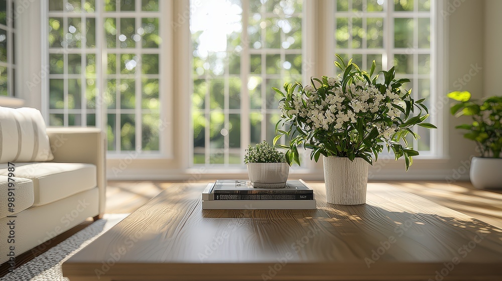 A living room with a white couch and a coffee table with a vase of flowers and a book on it A living room with a white couch and a coffee table with a vase of flowers and a book on it