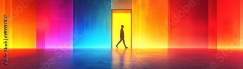 A silhouette walks through a vibrant, colorful doorway, surrounded by vivid hues, evoking a sense of journey and discovery.