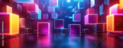 Bright, neon-colored geometric shapes floating in a dark, abstract space, representing futuristic and imaginative design