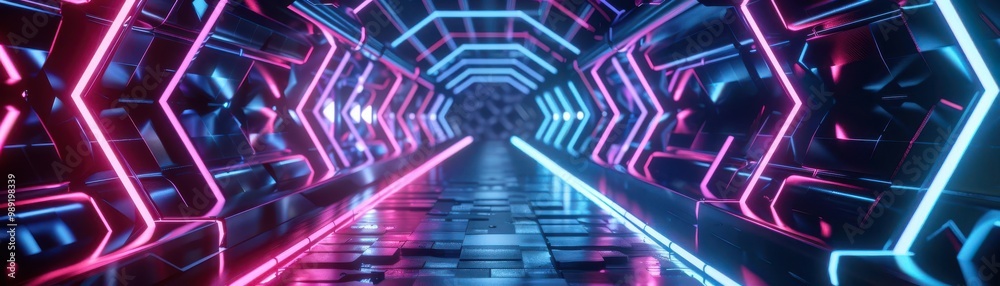 Endless tunnel of glowing neon hexagons, symbolizing digital infinity, infinity, cyberspace Endless tunnel of glowing neon hexagons, symbolizing digital infinity, infinity, cyberspace